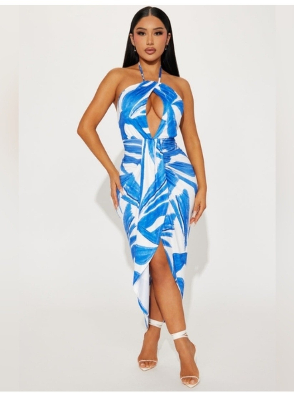 Fashion Nova Blue and White Keyhole Midi Dress